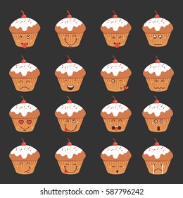 Set of cupcake smileys. Cartoon characters face. Vector collection . Emoticon. Funny food concept.