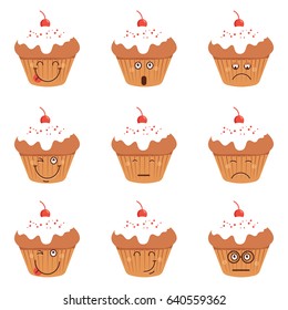Set of cupcake smileys. Cartoon characters face. Vector collection . Emoticon. Funny food concept.