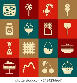 Set Cupcake, Stack of pancakes, Lollipop, Christmas candy cane, Ice cream in bowl, Cherry jam jar, Candy packaging for sweets and Chocolate bar icon. Vector
