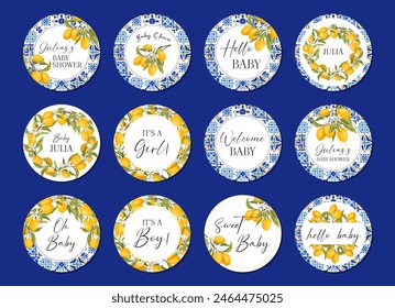 Set of cupcake toppers for baby shower with blue tiles and lemons. Printable for birthdays, cake and drink decorations. Lemon Citrus Mediterranean decor. Italian theme Tuscan beach party. Vector.