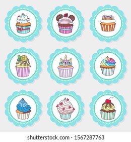 Set of cupcake toppers. Set of cupcake toppers for party with hand drawn illustration of cupcakes decorated with cream, donut, cherry, hearts, unicorn horn ets. Vector 8 EPS.