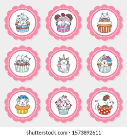 Set of cupcake toppers. Set of cupcake toppers for party with hand drawn illustration of cute kittens playing with cupcakes. Vector 8 EPS.