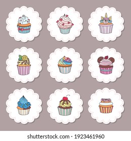 Set of cupcake toppers. Set of cupcake toppers for party with hand drawn illustration of cupcakes decorated with cream, donut, cherry, hearts, unicorn horn ets. Vector 10 EPS.