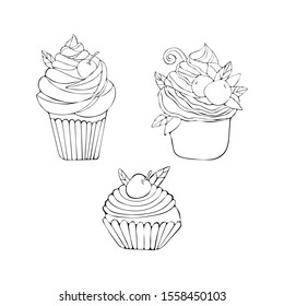 Set cupcake in vector. Symbol of celebration isolated on white background. Wedding cake in art line. Hand drawn. Sweets for Valentine's day, birthday. Festive food icon. Continuous line. Doodle