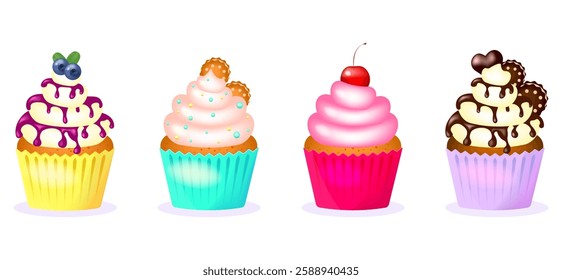 Set of cupcakes in 3D style