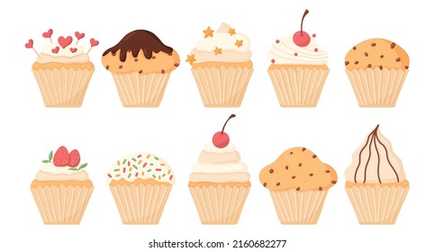 Set of cupcakes .A beautiful collection of muffins with cherry, strawberries, cream. chocolate. Vector illustration.