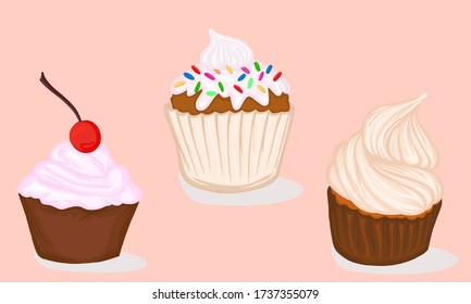 set of cupcakes banner with cream sweets macaroons delicacies print postcard menu baking dough icon vector illustration sketch