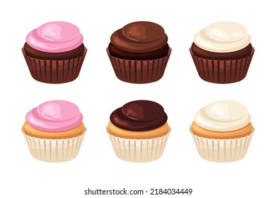 Set of cupcakes with basic flavors. Cupcakes without decorations and additives. Chocolate, vanilla, strawberry cupcake.