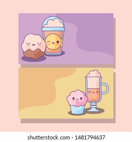 set of cupcakes and beverages coffee kawaii style