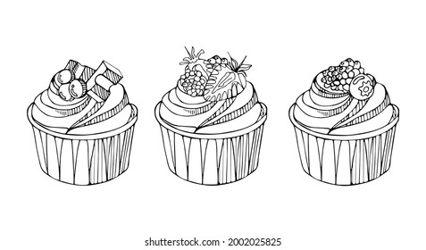Set of cupcakes with blackberries, blueberries, strawberries and chocolate. National Cupcake Day. Sweetest Day. Vector doodle illustration of dessert food. For menu, cookbook, postcard, poster.