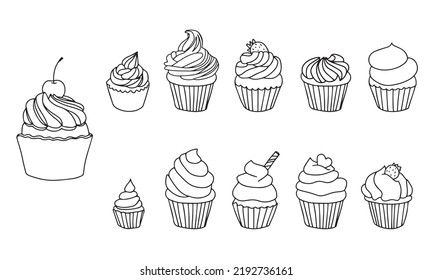 Set of cupcakes. Black-n-white Hand drawn illustration of cupcakes decorated with cream, donut, cherry and hearts. Isolated on white background. 