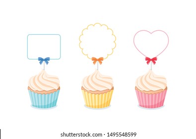 Set of Cupcakes with blank tags on white background.