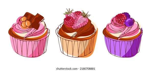 Set of cupcakes with blueberries, strawberries and chocolate. Sweetest Day. Modern vector food illustration in sketch style. For cookbooks, stickers, design, menus, postcards, posters