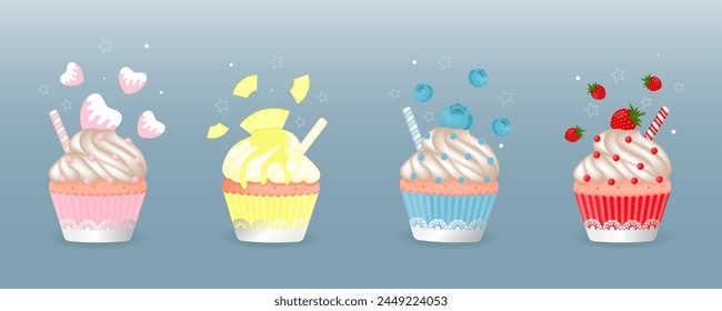 Set of cupcakes. Blueberries, strawberries, pineapple, chocolate cream filling. Gradients. Vector illustration. To create patterns and designs