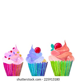 Set cupcakes border. Hand painted watercolor desserts. Vector isolated background.