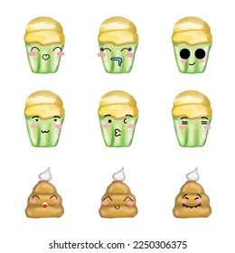 Set of cupcakes bread emoticon character isolated on white background