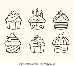 set of cupcakes cake simple lineart outline modern minimal design icon	