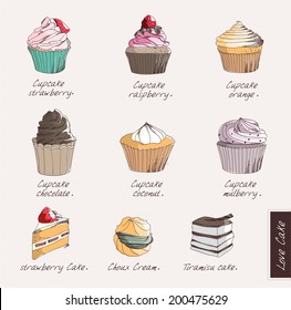 set cupcakes and cake vector