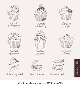 set cupcakes and cake vector
