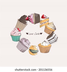 set cupcakes and cake vector