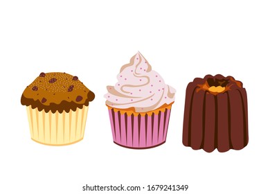 Legen Sie Cupcakes und Kuchen auf weißem Hintergrund fest. Symbole. Einzeln. Vektorillustration mit süßem Gebäck.