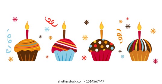 Set of cupcakes with a candle for celebration. Flat style