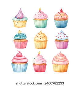 set of cupcakes with candles