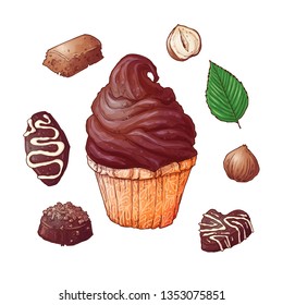 Set of cupcakes chocolates hand drawing. Vector illustration.