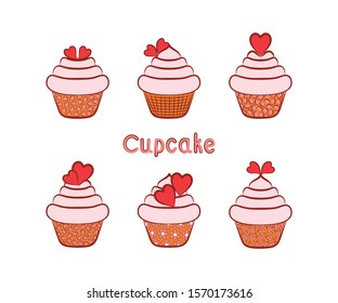
Set of cupcakes. Color images of cream cupcakes decorated with hearts. The background is white. Vector illustration.