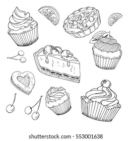 Set of cupcakes and cookie on white background. Cartoon ink sketch. Hand drawn vector illustration.