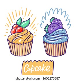 Set cupcakes with cranberry and blackberry hand drawn vector illustration isolated on white background.