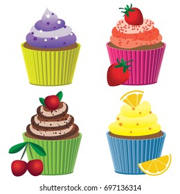A set of cupcakes with cream and fruit