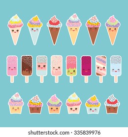 set cupcakes with cream, ice cream in waffle cones, ice lolly Kawaii with pink cheeks and winking eyes, pastel colors on light blue background. Vector