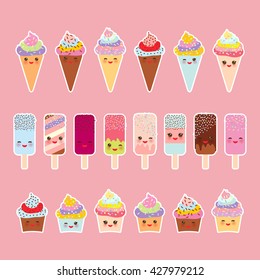 set cupcakes with cream, ice cream in waffle cones, ice lolly Kawaii with pink cheeks and winking eyes, pastel colors on light pink background. Vector