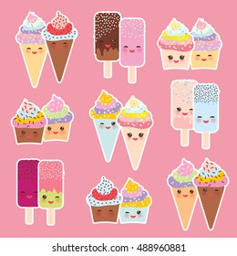 set cupcakes with cream, ice cream in waffle cones, ice lolly Kawaii with pink cheeks and winking eyes, pastel colors on light pink background. Vector