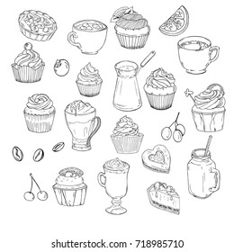 Set of cupcakes, cups of coffee, cocoa or hot chocolate, pies and tarts isolated on white background. Hand drawn vector illustration.