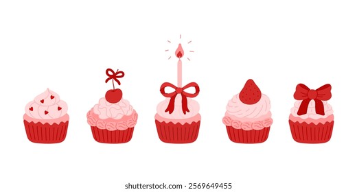 Set of cupcakes decorated with candle, whipped cream, coquette bow, strawberry, cherry berry. Festive muffins in red paper cup. Holiday sweet desserts. Delicious confectionery treat. Flat clip art