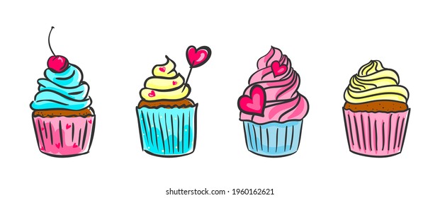 Set of cupcakes decorated with cream, hearts and berries. Muffins icons in doodle style.
