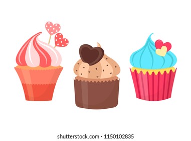 Set of cupcakes decorated with hearts. Isolated on white background. Vector illustration.