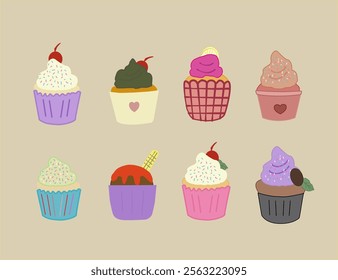 Set Of cupcakes. Delicious cupcakes. Vector illustration design