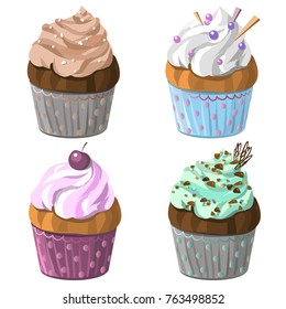 Set of cupcakes different colors. Cake dessert collection with cream. Vector illustration.