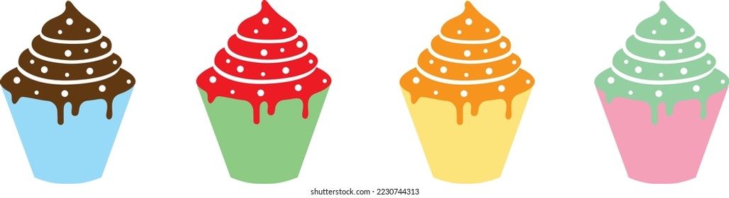 set of cupcakes of different colors and flavors vector illustration holiday sweets
