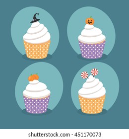 Set of cupcakes of different colors with various Halloween symbols on top - a witch's hat, a halloween pumpkins, a sugar candy. Vector illustration.