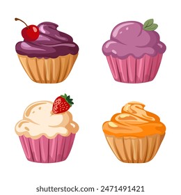 A set of cupcakes with different fillings. Collection of delicious cupcakes. Cupcake with cream, pink cream, cherry, strawberry. Vector. Isolated on white background