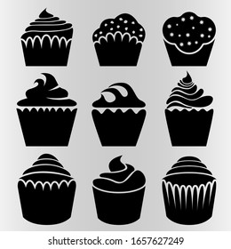 Eine Reihe von Cupcakes mit unterschiedlichen Füllungen und Formen. Bilder für verschiedene Zwecke. Speisekarte mit Restaurants, Cafés usw. Vektorillustration.