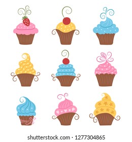 A set of cupcakes with different tastes. Flat style. Vector illustration.