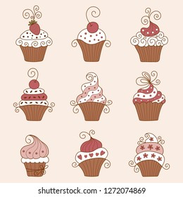 A set of cupcakes with different tastes. Made in the style of doodle. Vector illustration.
