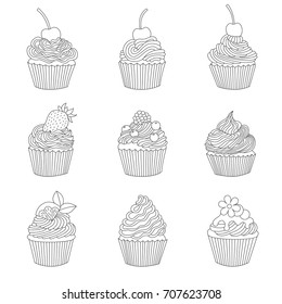 A set of cupcakes with different tastes. Made in the style of doodle. Vector illustration.