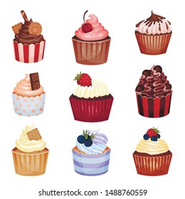 Set of cupcakes with different tastes. Vector illustration on a white background.