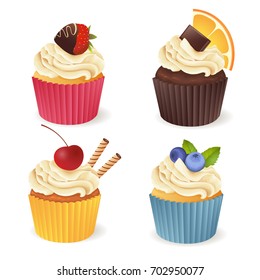 Set of cupcakes with different toppings isolated on white. Vector illustration.